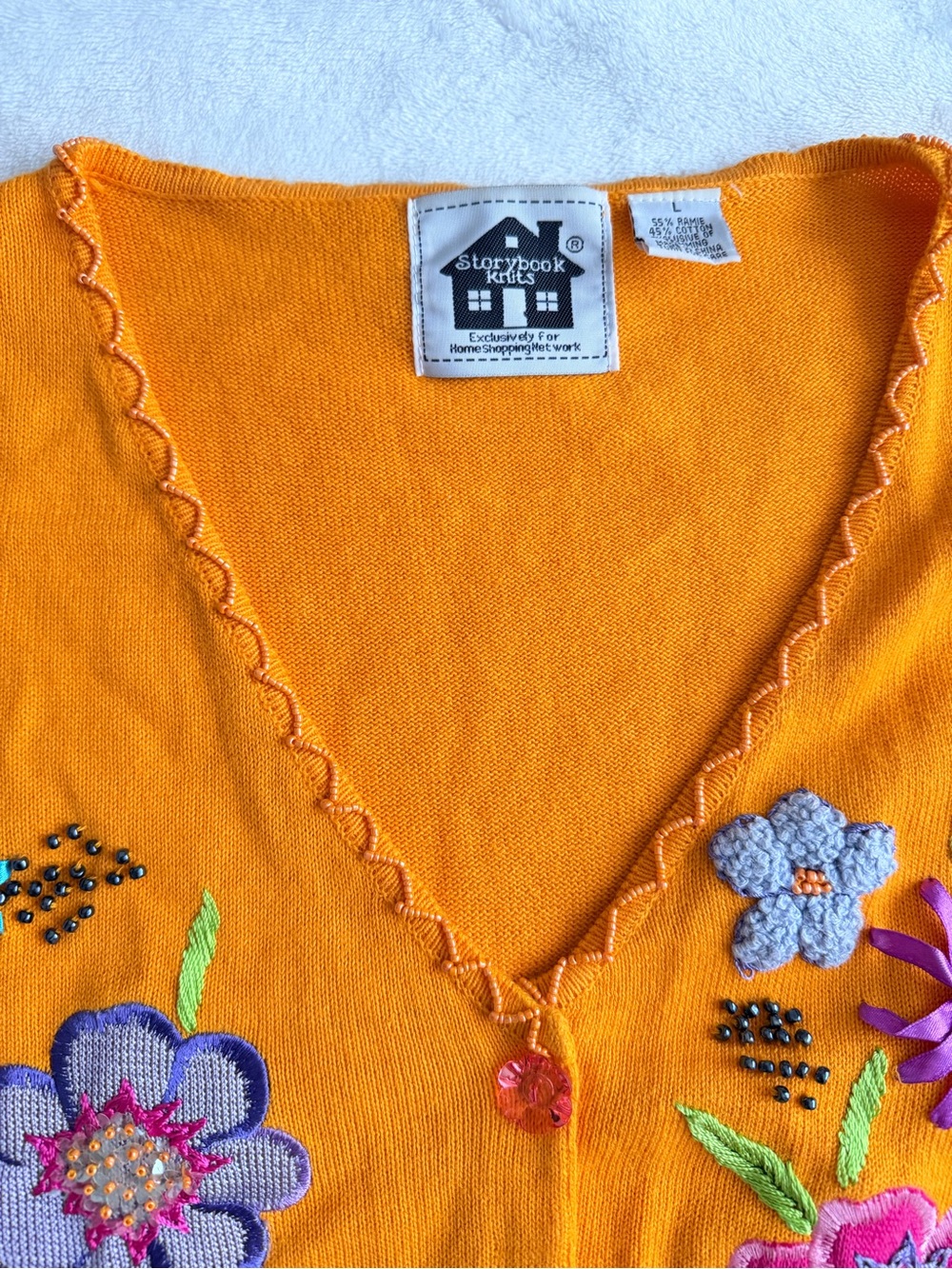 Storybook Knits Beautiful Details Bright Blooms  Orange Floral V-Neck Cardigan
